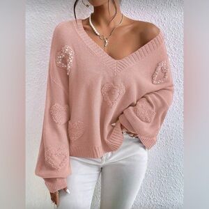 SHEIN Blush V-Neck Heart Sweater